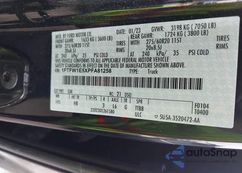 2023 Ford F-150 Lariat из США, поврежденный, VIN 1FTFW1E5XPFA81258